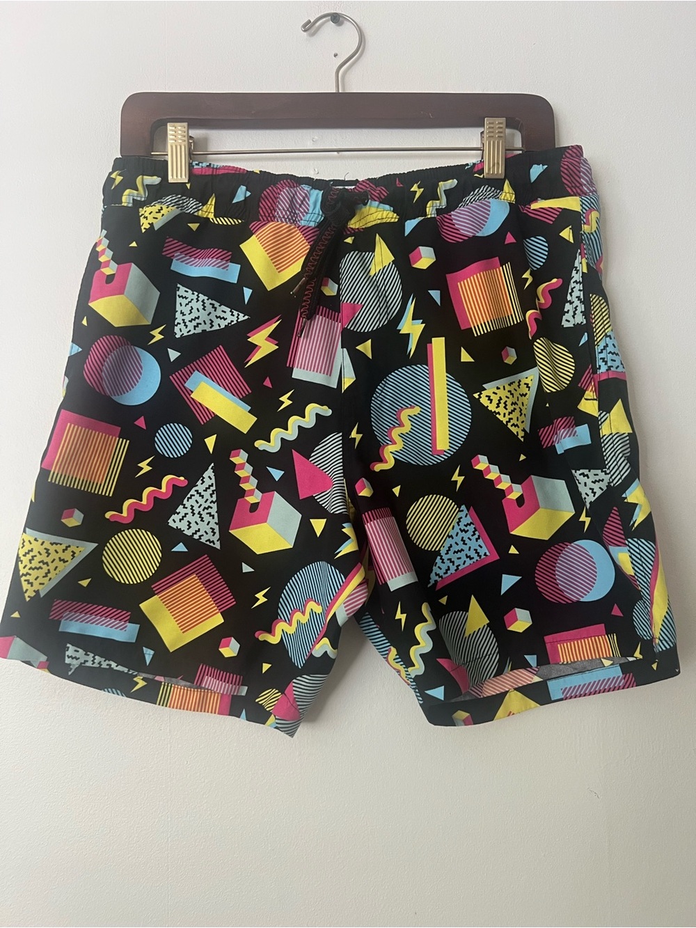 Fresh Prince 90s vibe Black Geometric Neon pattern Summer beach Swim Trunks, M